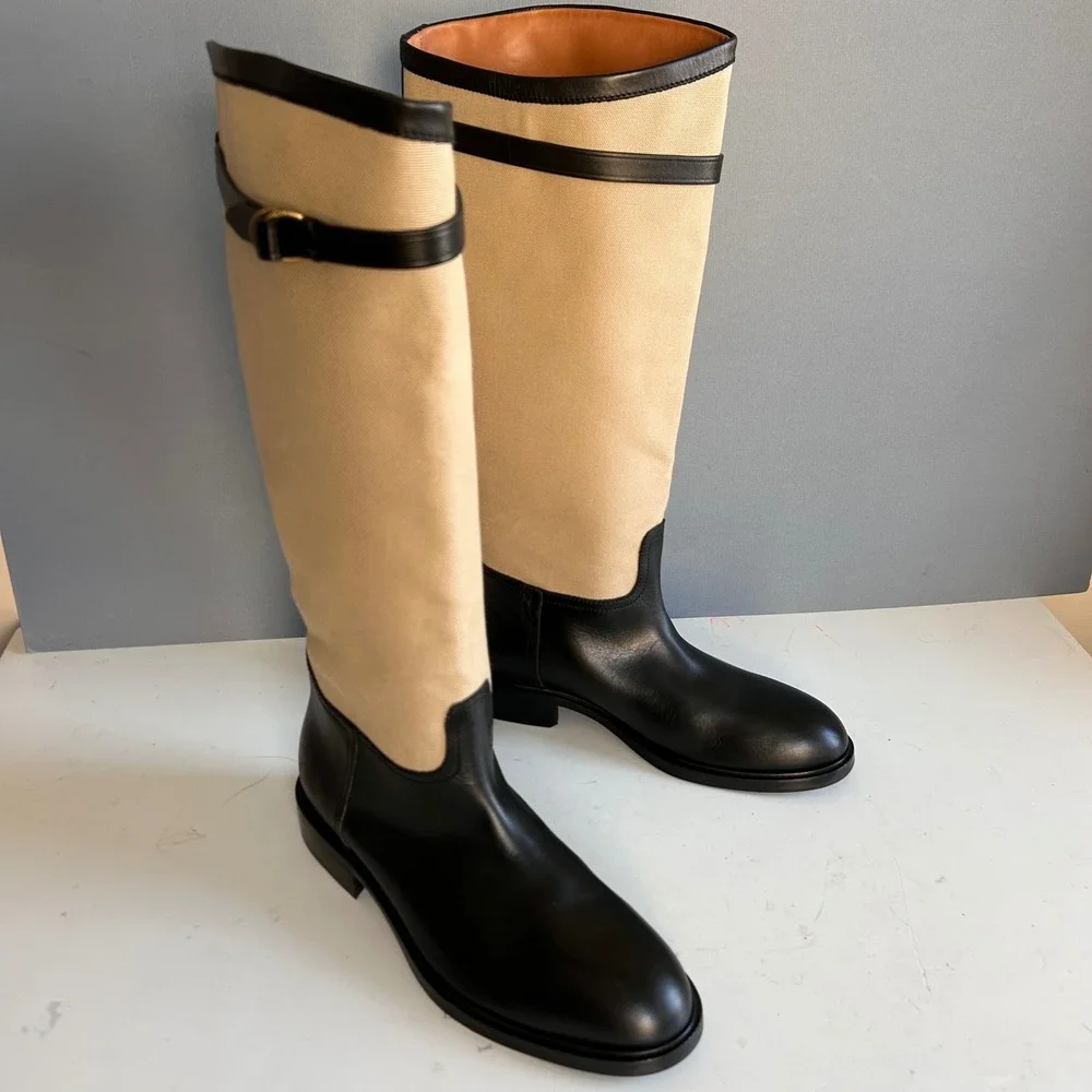 Polo Ralph Lauren Tall Riding Boots Women's 10B Black Leather Two-tone Tan NEW